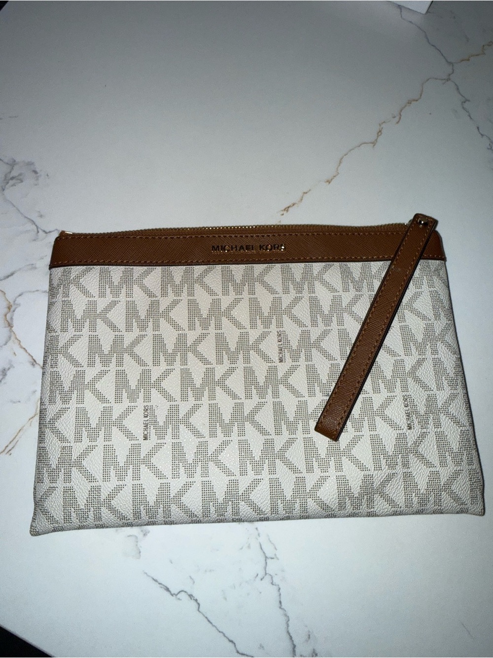 Michael Kors Beige MK Monogram clutch/wristlet with Brown Trim